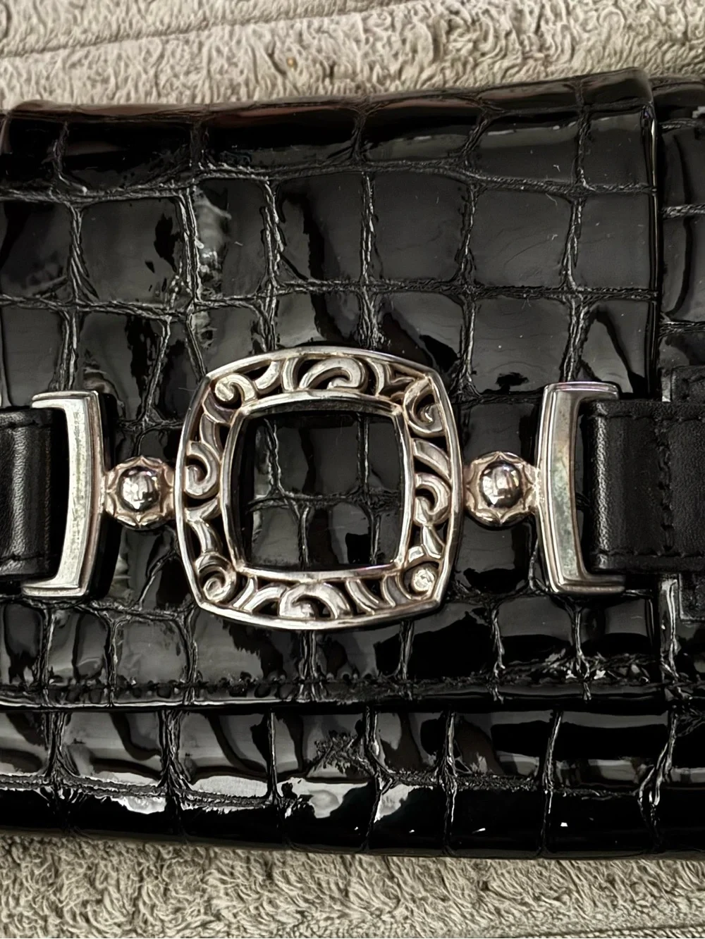 Brighton Black Croc-Embossed Patent Wallet with Silver Filigree Buckle